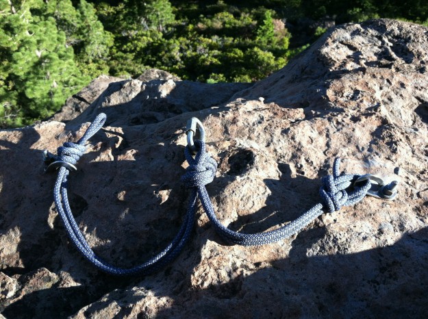 Jive-Ass Rappel Station with stopper knot affixing rope to a bolt